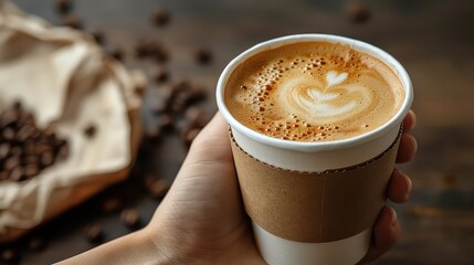 Hand holding takeaway paper coffee cup with copy space