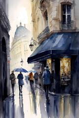 Fototapeta premium Charming parisian street watercolor illustration, artistic depiction of a romantic street in paris, with a vintage touch