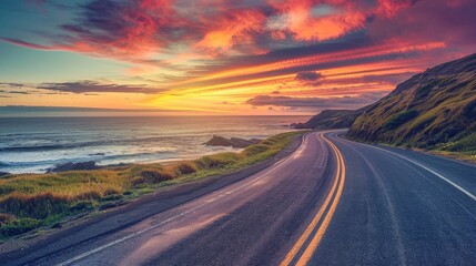 A winding coastal road at sunset, with the sky ablaze in orange and pink hues, and the sea reflecting the vibrant colors.