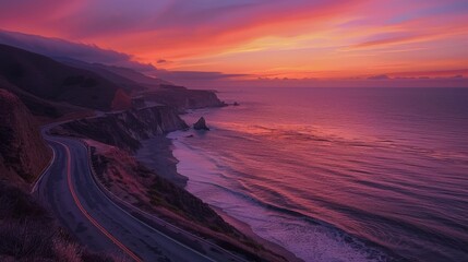 Obraz premium A winding coastal road at sunset, with the sky ablaze in orange and pink hues, and the sea reflecting the vibrant colors.