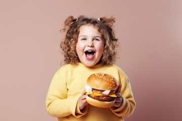 Cute little girl eatingjunk food. Happy childhood concept. Child with obesity. Overweight and...