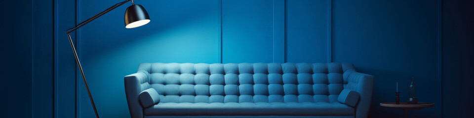 Elegant blue sofa in modern interior design