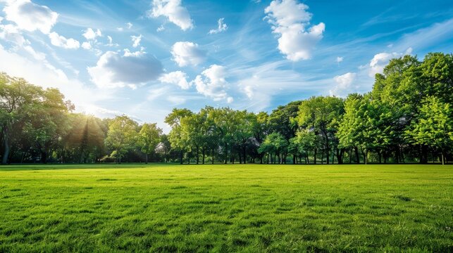 An open grassy field in a public park, with well-kept grass and a backdrop of mature trees and blue sky.