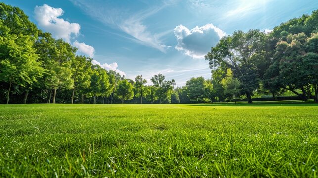 An open grassy field in a public park, with well-kept grass and a backdrop of mature trees and blue sky.