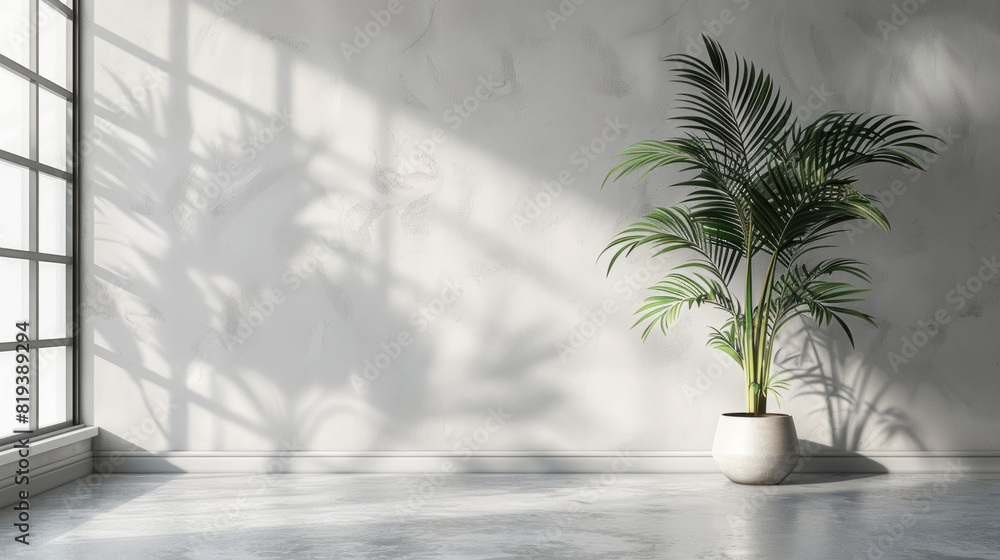 Poster a large potted palm plant sits in a white room with a large window. the room is empty and the plant 