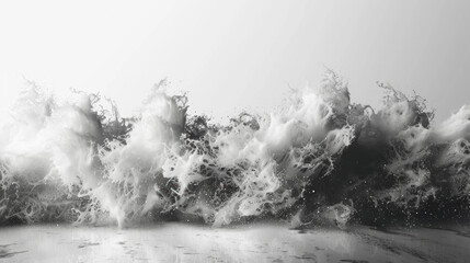 The image is of a large wave crashing onto the shore. The water is white and the sky is gray. Scene is powerful and dramatic, as the wave appears to be crashing down with great force - Powered by Adobe