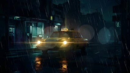 A yellow taxi parked on a wet street in rain at night, under the glow of streetlights. Dark buildings loom in the background