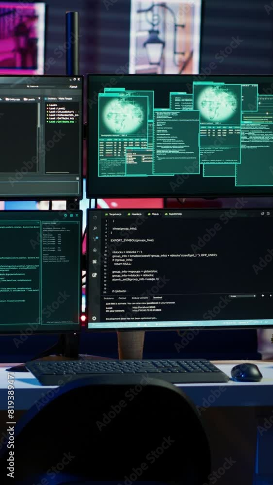 Poster vertical video panning shot of high tech computer system running malicious code in empty apartment. 