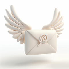 3D clay of white envelope with wings against white background