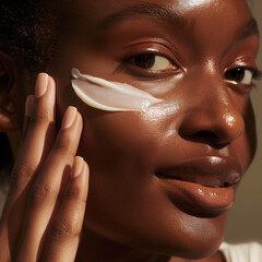 A close-up of a woman applying a smear of hydration cream on her cheek, highlighting her smooth and glowing skin