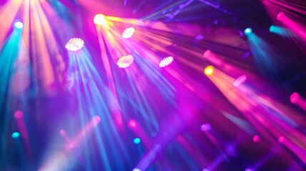 Close-up of stage spotlights casting colorful rays of light, adding depth and dimension to a concert atmosphere.