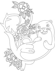 Otter and A Floral Vine Coloring Page. Printable Coloring Worksheet for Adults and Kids. Educational Resources for School and Preschool.