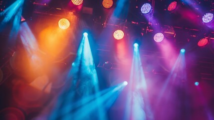 Close-up of stage spotlights in various colors, adding drama and excitement to a live music performance.