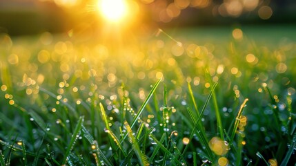 Dew-covered grass in the early morning, with each blade adorned with sparkling droplets of water.