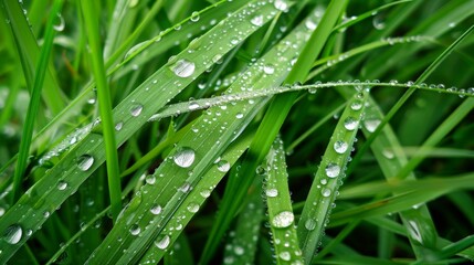 Dewy grass in the morning light, with droplets forming perfect beads that glisten against the vibrant green.