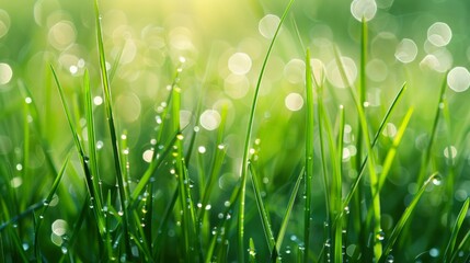 Fototapeta premium Dewy grass in the morning light, with droplets forming perfect beads that glisten against the vibrant green.
