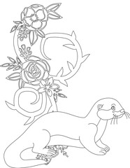 Otter and A Floral Vine Coloring Page. Printable Coloring Worksheet for Adults and Kids. Educational Resources for School and Preschool.