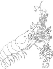 Shrimp and A Floral Vine Coloring Page. Printable Coloring Worksheet for Adults and Kids. Educational Resources for School and Preschool.