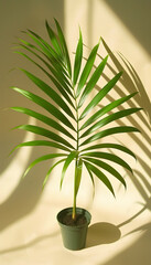 A houseplant in a flowerpot, a small palm tree sitting on a table