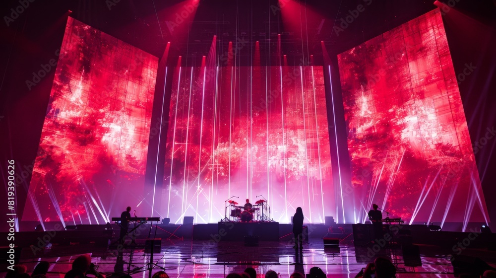 Poster the backdrop of a concert stage with a massive led wall showcasing dynamic graphics and synchronized