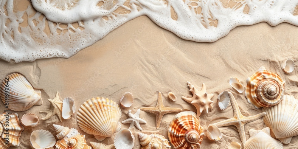 Wall mural top view of a sandy beach with exotic seashells and starfish as natural textured background for aest