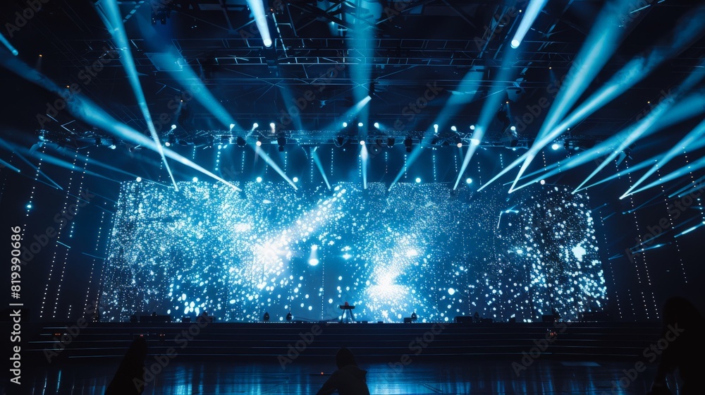 Poster the backdrop of a concert stage with a massive led wall showcasing dynamic graphics and synchronized