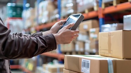 Close-up of hands scanning a barcode on a package with a handheld device in a warehouse setting