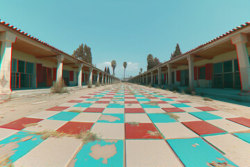 architecture by ai, abandoned motel complex in california with red and blue checkered tiles on the floor, empty street, symmetric perspective, desert and palm trees in background, photorealistic // ai