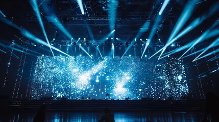 The backdrop of a concert stage with a massive LED wall showcasing dynamic graphics and synchronized light beams.