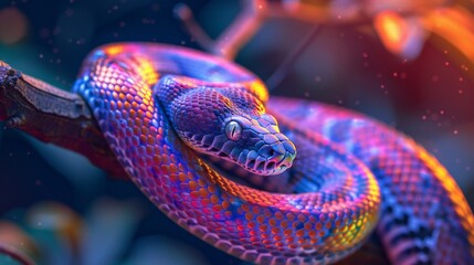 Vibrant Purple and Blue Snake Coiled on a Branch in a Dreamlike Setting