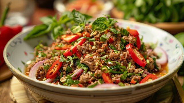 Traditional larb neua served in a bowl, featuring minced beef mixed with herbs, spices, and a hint of chili, accompanied by fresh vegetables.