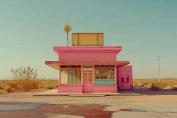 architecture by ai, abandoned pink gas station in the desert, with yellow and teal accents, sign on top, colorful pastel colors, desert landscape in background, photorealistic // ai-generated 