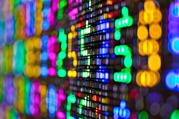 Close-up of a colorful digital display with vibrant lights and numbers, representing technology, data, and modern communication.