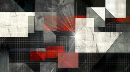 Abstract illustration of lines and geometric shapes in black, white, gray and red
