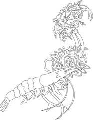 Shrimp and A Floral Vine Coloring Page. Printable Coloring Worksheet for Adults and Kids. Educational Resources for School and Preschool.