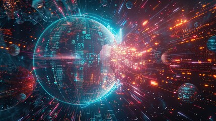 Obraz premium Digital world globe spinning out of control, illustrating the extreme speed of global networks and excessive connectivity on Earth, with super-fast data transfer and frenzied business transactions.