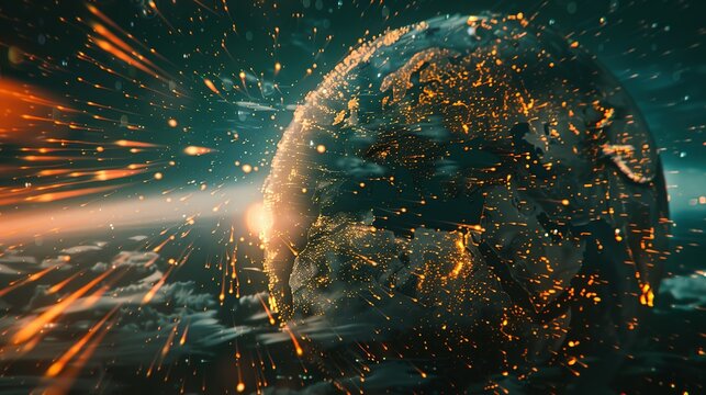 Digital world globe spinning out of control, illustrating the extreme speed of global networks and excessive connectivity on Earth, with super-fast data transfer and frenzied business transactions.