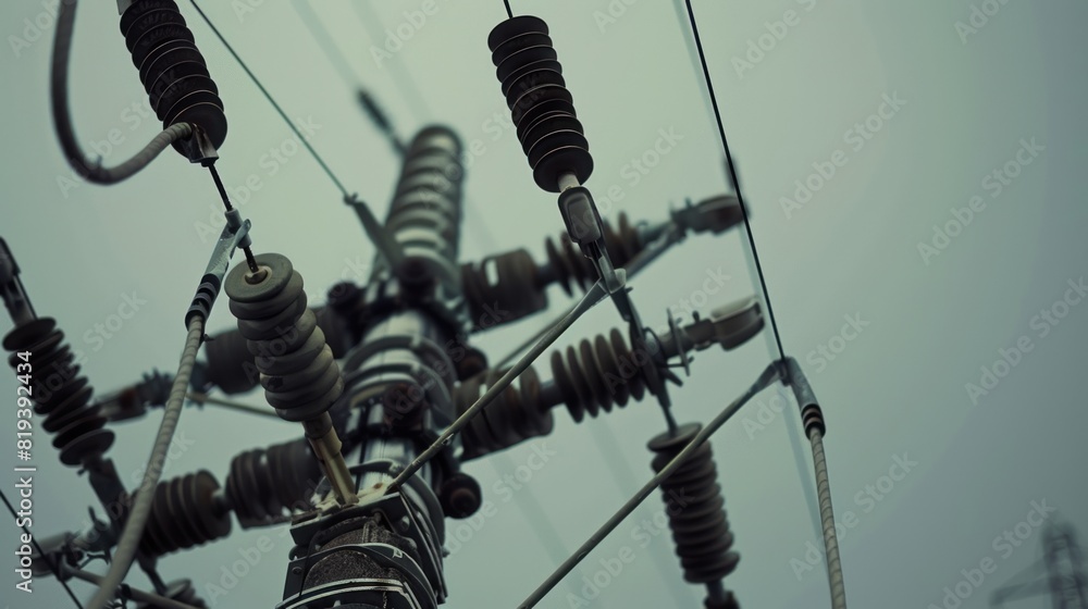Poster an artistic close-up of electricity transmission tower components, such as insulators or wires, with