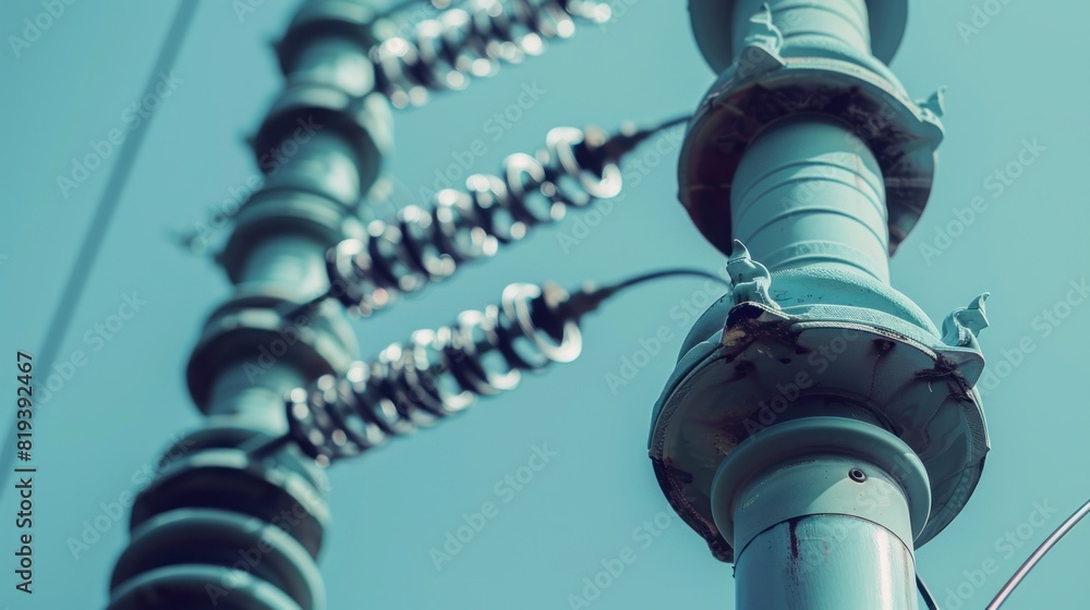 Poster an artistic close-up of electricity transmission tower components, such as insulators or wires, with