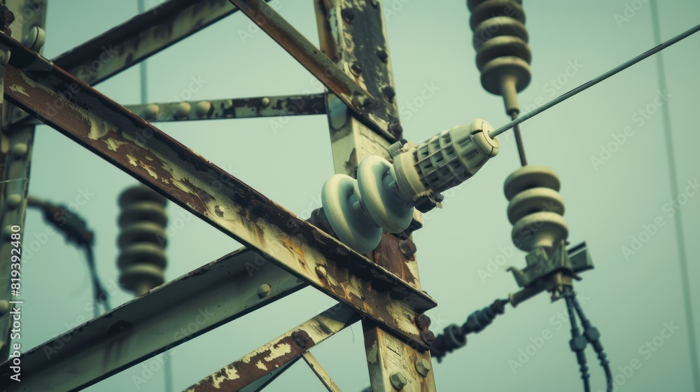 Poster an artistic close-up of electricity transmission tower components, such as insulators or wires, with
