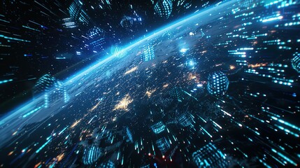 Digital world globe spinning out of control, illustrating the extreme speed of global networks and excessive connectivity on Earth, with super-fast data transfer and frenzied business transactions.