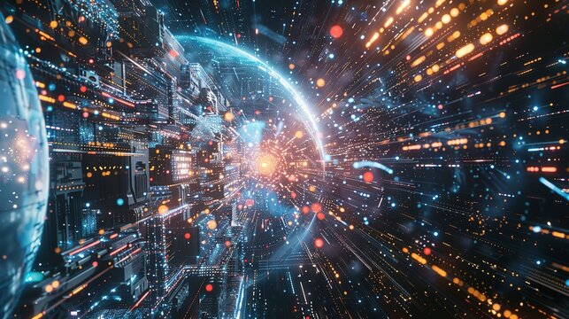 Digital world globe spinning out of control, illustrating the extreme speed of global networks and excessive connectivity on Earth, with super-fast data transfer and frenzied business transactions.