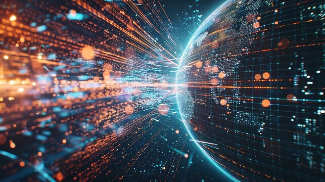 Digital world globe spinning out of control, illustrating the extreme speed of global networks and excessive connectivity on Earth, with super-fast data transfer and frenzied business transactions.