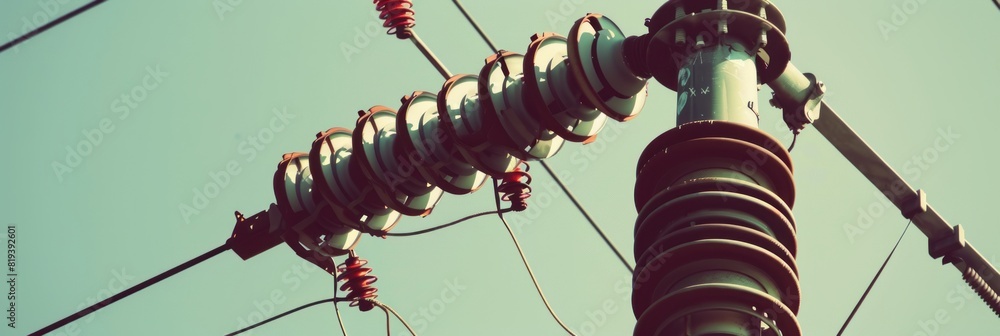 Poster an artistic close-up of electricity transmission tower components, such as insulators or wires, with