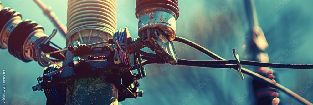 Poster an artistic close-up of electricity transmission tower components, such as insulators or wires, with