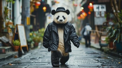 cute dressed panda walking on street funny animal