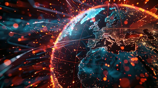 Digital world globe spinning out of control, illustrating the extreme speed of global networks and excessive connectivity on Earth, with super-fast data transfer and frenzied business transactions.