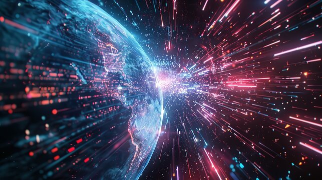 Digital world globe spinning out of control, illustrating the extreme speed of global networks and excessive connectivity on Earth, with super-fast data transfer and frenzied business transactions.