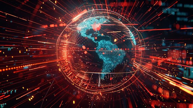 Digital world globe spinning out of control, illustrating the extreme speed of global networks and excessive connectivity on Earth, with super-fast data transfer and frenzied business transactions.