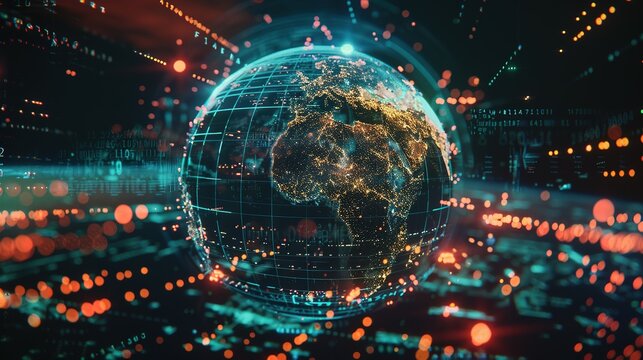 Digital world globe spinning out of control, illustrating the extreme speed of global networks and excessive connectivity on Earth, with super-fast data transfer and frenzied business transactions.